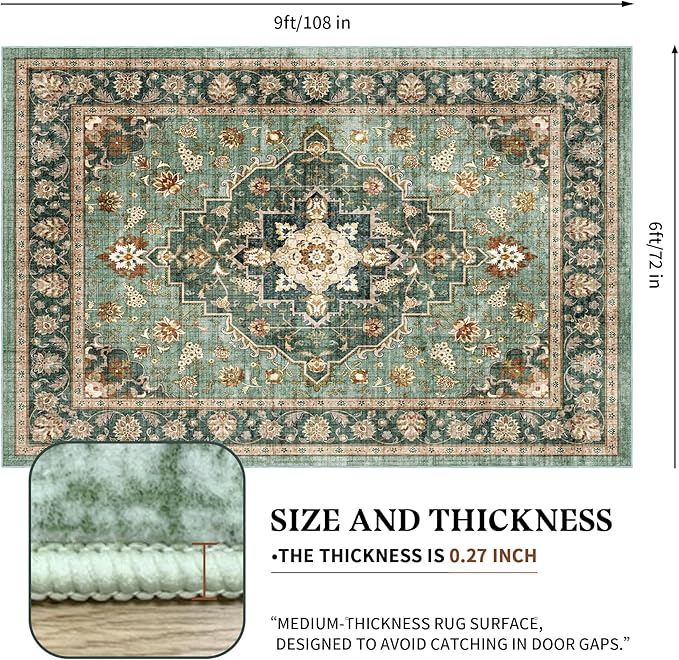 Area Rug for Living Room - Vintage Indoor Machine Washable Rug for Bedroom Dinning Room Floor - Soft Low-Pile Carpet Non-Slip Backing Floral Rugs for Office (Forest Green, 6' × 9')