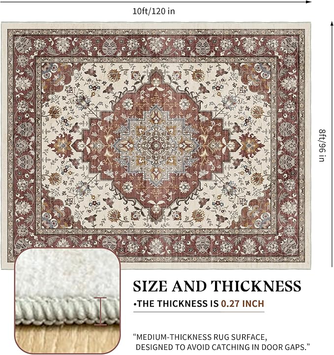 Area Rug for Living Room - Vintage Indoor Machine Washable Rug for Bedroom Dinning Room Floor - Soft Low-Pile Carpet Non-Slip Backing Floral Rugs for Office (Brick/Ivory, 8' × 10')