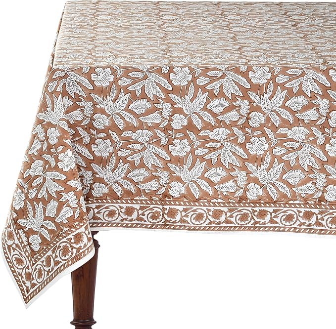 Ridhi Oak Brown Hand Block Print Cotton Rectangle Tablecloth 108 x 70 inch-Reusable Table Cover Decorative Everyday Use for Dining Room, Farmhouse, Thanksgiving, Christmas Wedding, Fall