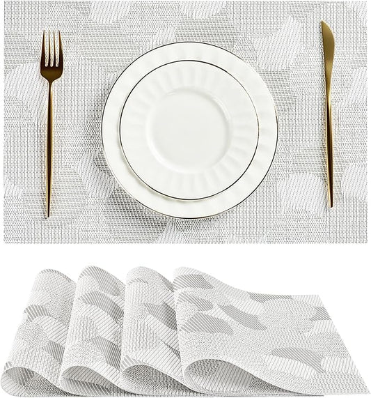 Leetaltree White Placemats Set of 4 - Heat Resistant Non-Slip Place mats for Dining Table, Washable Durable PVC Vinyl Woven Table Mats（White Circle, 4）