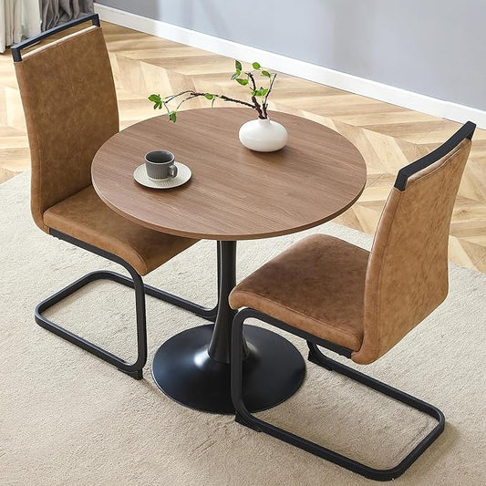 32" Round Dining Table Set for 2, Indoor Bistro Table and Chairs Set of 2, Breakfast Table Set with Leather Upholstered Chairs, Ideal for Apartment,Kitchen, Office, Save Space(Black)