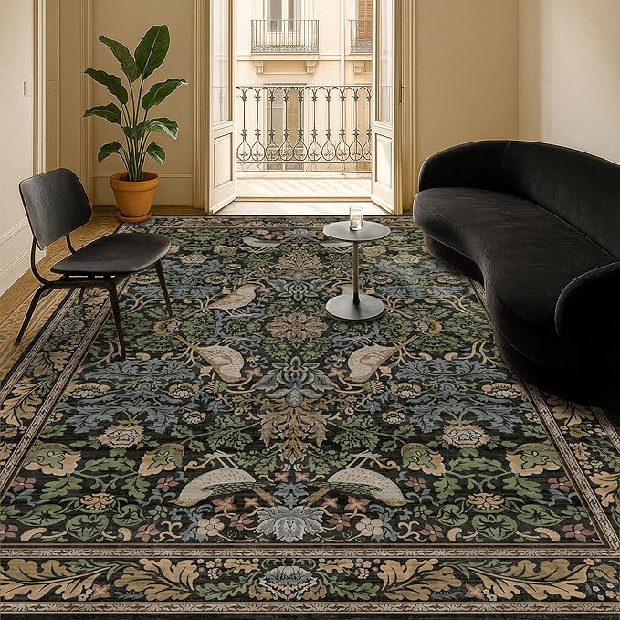 Dark Living Room Rug 8x10 - Large Washable Floral Area Rugs for Dining Room Under Table, Bedroom, Office, Birds and Leaves Nature Design, Non-Slip Low Pile (Dark Green/Brown)