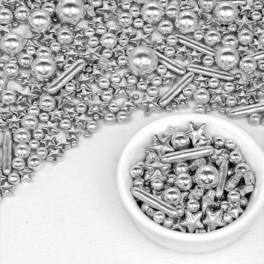 Silver Pearl Rods Star Sugar Sprinkles, Silver Sprinkles for Cake, Edible Pearls Baking Candy, 150g/5.29oz Mix Size, Cupcake Decoration, Wedding Party Supplies