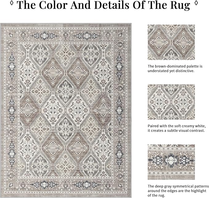 Area Rug for Living Room - 9x12 Vintage Taupe Neutral Washable Rug for Bedroom Dinning Room - Soft Low-Pile Oriental Carpet Non-Slip Tan Rugs for Office - Soft Brown