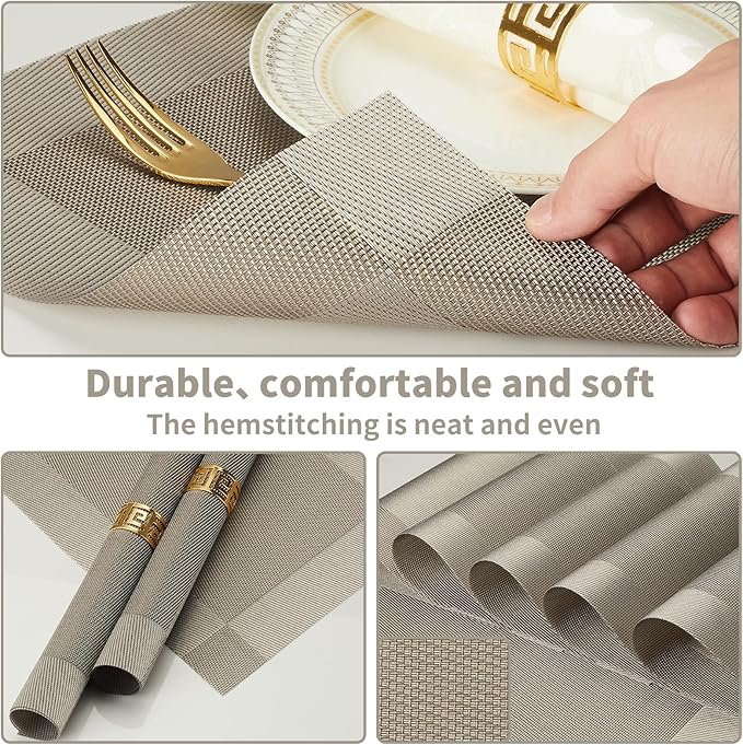 Silver Grey Placemats Set of 6-Durable PVC Vinyl Woven Place Mats for Dining Table Heat Resistant Non-Slip Washable Indoor/Outdoor Table Mats 12 x17 inch