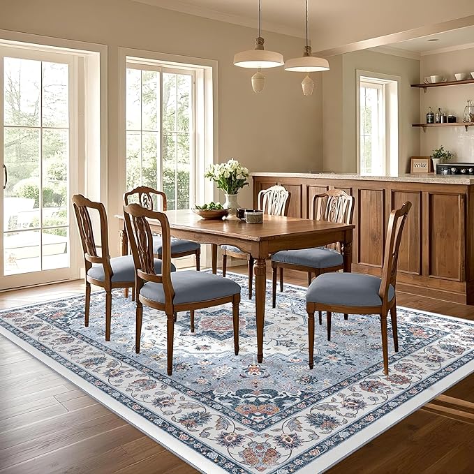 Area Rug for Living Room - Vintage Indoor Machine Washable Rug for Bedroom Dinning Room Floor - Soft Low-Pile Carpet Non-Slip Backing Floral Rugs Office (Blue White, 8' × 10')