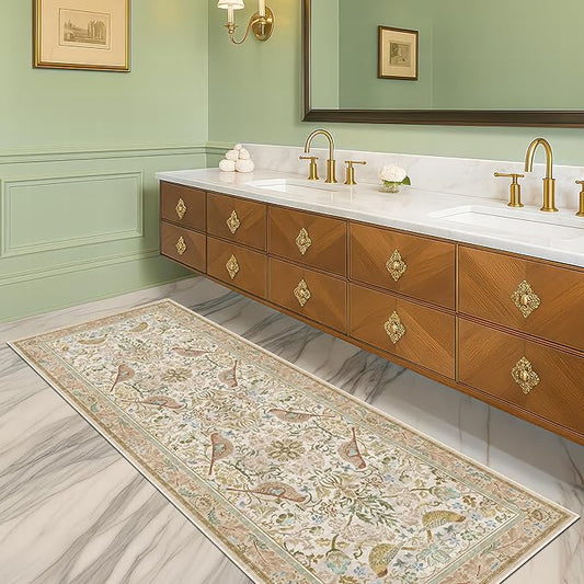 Boho Long Bathroom Runner Rug 2x6 - Floral & Bird Runner Rug for Kitchen Floor, Hallway, Laundry Room, Bedroom, Entrance, Beige Neutral Vintage Decor, Washable Non Slip Low Pile