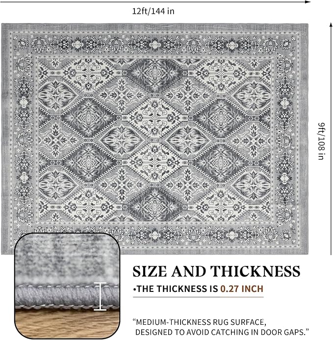 Area Rug for Living Room - Vintage Indoor Machine Washable Rug for Bedroom Dinning Room Floor - Soft Low-Pile Carpet Non-Slip Backing Floral Rugs for Office (Grey, 9' × 12')