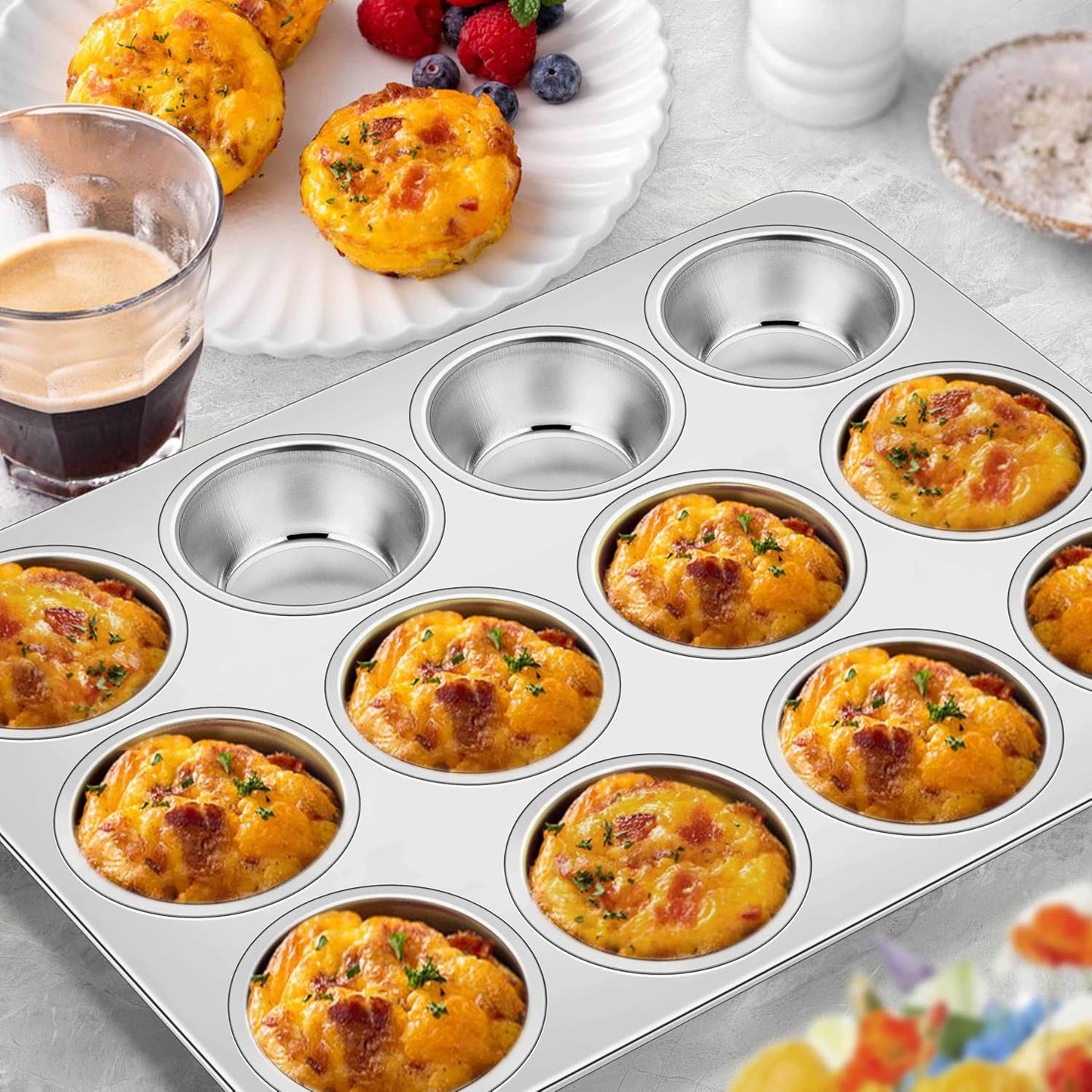 Homikit 3 Pack Muffin Pan, Stainless Steel Cupcake Tin with 12 Cups Regular Size, 13.8" x 10.4" Nonstick Metal Egg Bites Tray for Oven Baking, Non Toxic & Rust Free, Easy Release & Dishwasher Safe