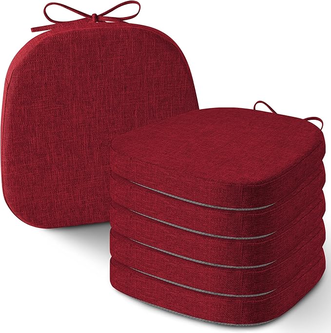 AddGrace Set of 6 Chair Cushions for Metal Dining Chairs 14x14 Chair Pads with Ties Non Slip Thick Seat Cushions with Textured and Removable Cover Red
