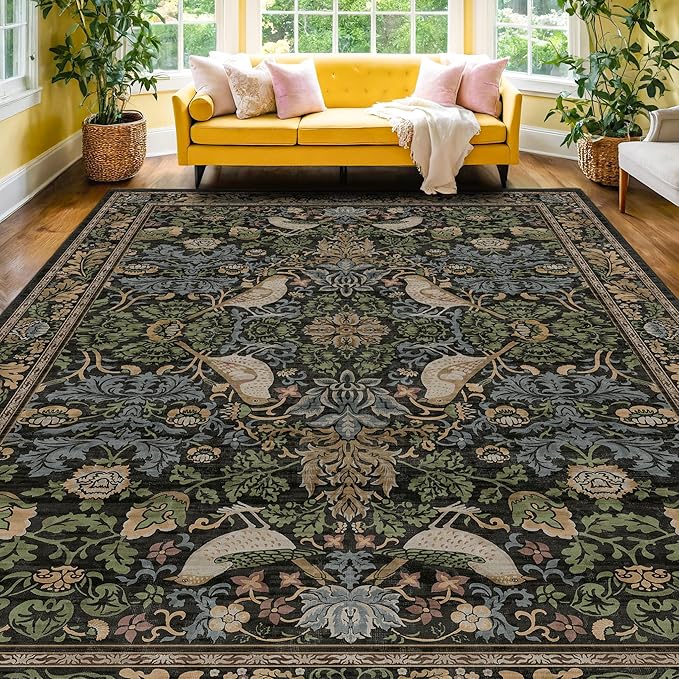 Dark Living Room Rug 8x10 - Large Washable Floral Area Rugs for Dining Room Under Table, Bedroom, Office, Birds and Leaves Nature Design, Non-Slip Low Pile (Dark Green/Brown)