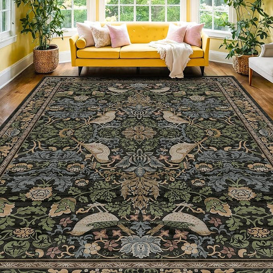 Dark Living Room Rug 8x10 - Large Washable Floral Area Rugs for Dining Room Under Table, Bedroom, Office, Birds and Leaves Nature Design, Non-Slip Low Pile (Dark Green/Brown)