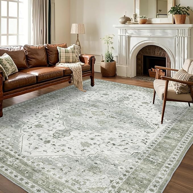 Area Rug for Living Room - Vintage Indoor Machine Washable Rug for Bedroom Dinning Room Floor - Soft Low-Pile Carpet Non-Slip Backing Floral Rugs for Office (Sage Green, 9' × 12')