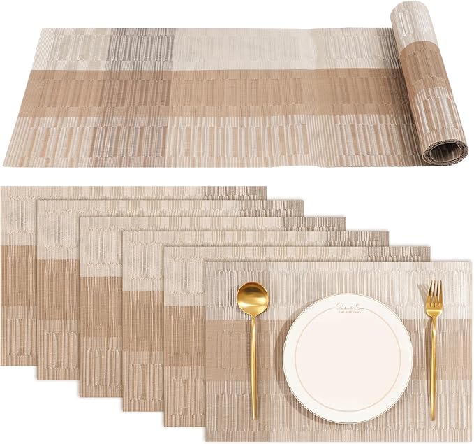 roddyricch Champagne Table mats,Washable placemats,Durable PVC Vinyl Woven Place Mats for Dining Table,Heat Resistant Non-Slip Indoor/Outdoor(6pcs Placemats+1pcs Table Runner)