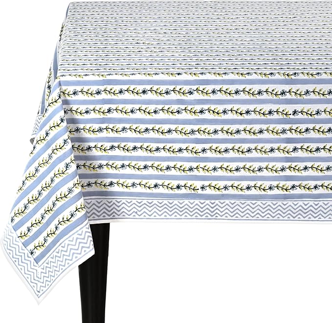 Ridhi Dolphin Grey Hand Block Print Cotton Rectangle Tablecloth 60 x 60 inch-Reusable Table Cover Decorative Everyday Use for Dining Room, Farmhouse, Thanksgiving, Christmas Wedding, Fall