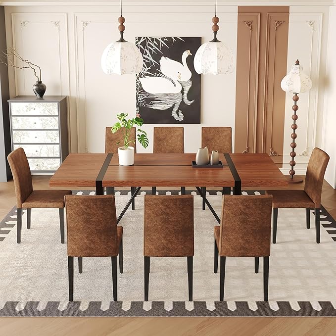 86.6" Dining Table Set for 8, Modern 9 Piece Wood Kitchen Table and Chairs Set, Rectangle Dining Room Table with 8 PU Leather Upholstered Chairs, Ideal for Home, Kitchen, or Apartment Dining