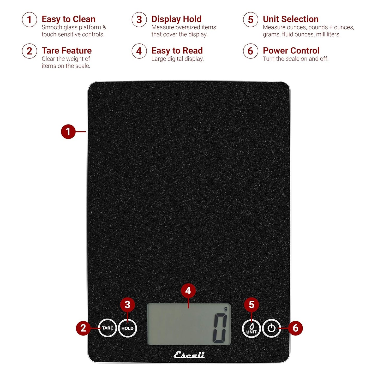 Escali Arti Glass Food Scale Digital Countertop Kitchen, Baking and Cooking Scale with Nutrition and Calorie Counter, 15-Pound Capacity, 9" x 6.5" x .75", Black