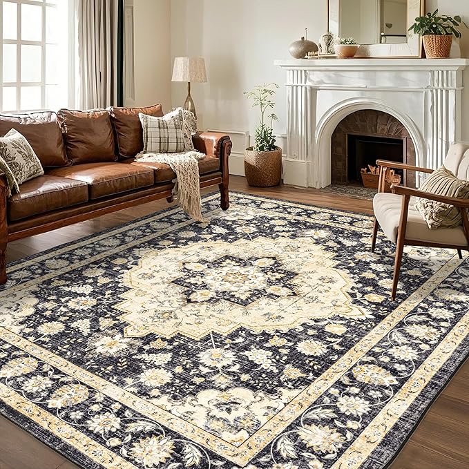 Area Rug for Living Room - Indoor Machine Washable Vintage Rugs for Bedroom Dinning Room Floor Carpet Non-Slip Backing Rugs Floral Soft Low-Pile Office Rug (Black/Beige, 9' × 12')