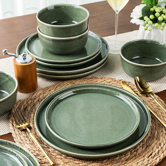 AmorArc Stoneware Dinnerware Sets,Round Reactive Glaze Ceramic Plates and Bowls Set,Highly Scratch Resistant | Dishwasher & Microwave Safe Dishes,Service for 6 (18pc) Jade Green
