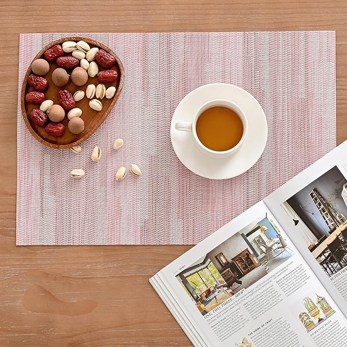 Leetaltree Misty Rose Placemats Set of 8 - Heat Resistant Non-Slip Place mats for Dining Table, Washable Durable PVC Vinyl Woven Table Mats（Misty Rose, 8）