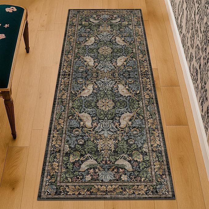 Floral Kitchen Runners - 2x6 Runner Rug for Hallway Bathroom Laundry Room Bedroom Beside Bed Entryway, Boho Birds Leaves Patterned Non Slip Low Pile Washable Rugs