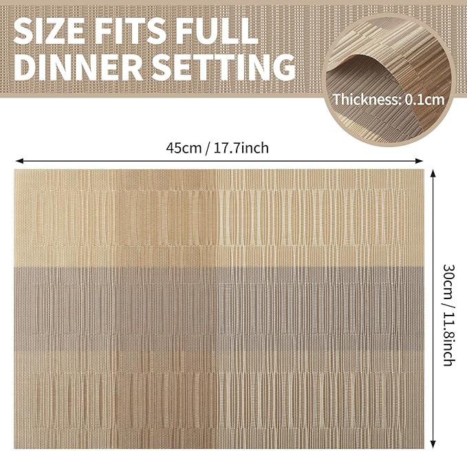 Champagne Placemats Set of 12-Durable PVC Vinyl Woven Washable Place Mats for Dining Table Heat Resistant Non-Slip Indoor/Outdoor Table Mats 12 * 17 inch