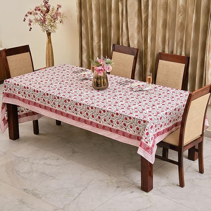Ridhi -Sangria Red Cotton Tablecloth, Handblock Print Floral Table Cloth for Kitchen Dining Linen I Thanksgiving, Christmas, Wedding, Fall Décor 10 Seater 80x120 Inches Rectangle