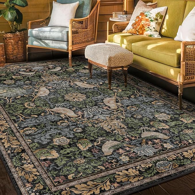 Boho Living Room Rug 5x8 - Dark Green Rugs 5x8 for Bedroom, Dinning Room, Office with Vintage Forest Farmhouse Botanical & Bird Design, Non Slip Stain Resistant Low Pile - Brown