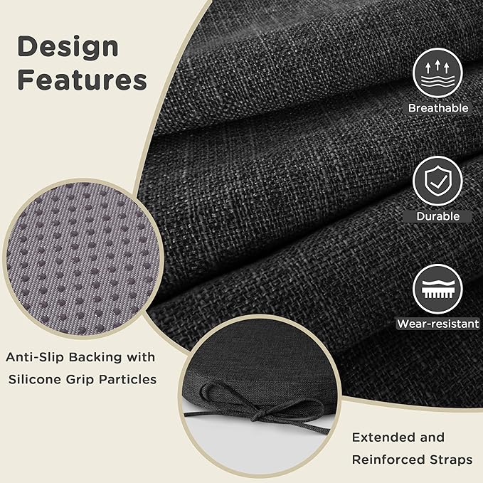 AddGrace Set of 4 Chair Cushions for Metal Dining Chairs 14x14 Chair Pads with Ties Non Slip Thick Seat Cushions with Textured and Removable Cover Black