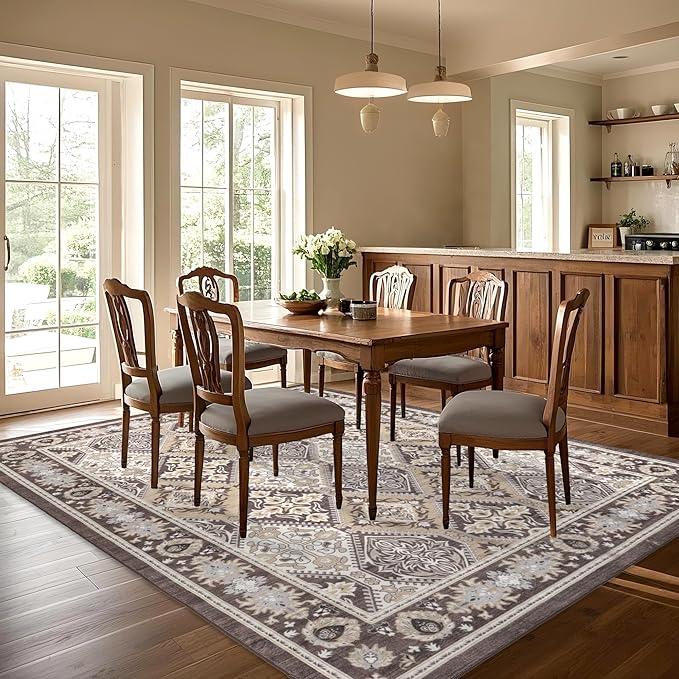 Area Rug for Living Room - Vintage Indoor Machine Washable Rug for Bedroom Dinning Room Floor - Soft Low-Pile Carpet Non-Slip Backing Floral Rugs for Office (Reddish Brown, 9' × 12')