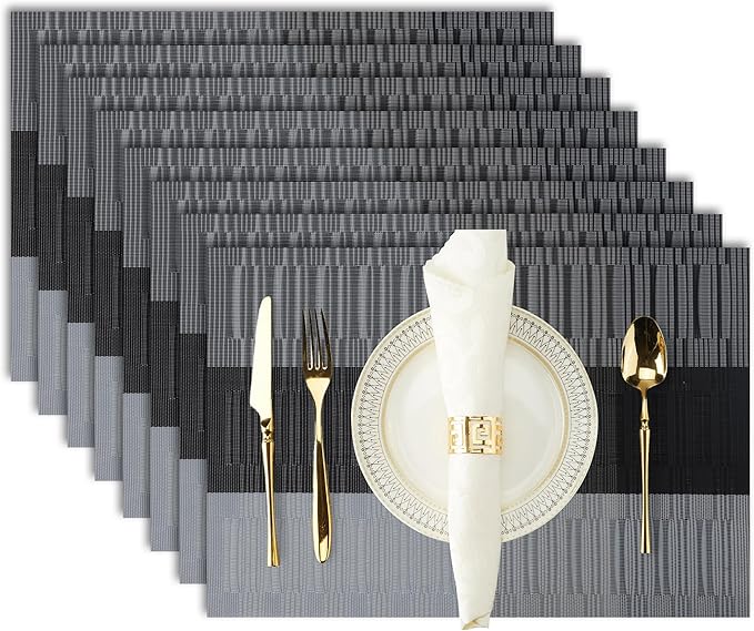 Dark Gray Placemats Set of 8-Durable PVC Vinyl Woven Washable Place Mats for Dining Table Heat Resistant Non-Slip Indoor/Outdoor Table Mats 12 x 17 inch