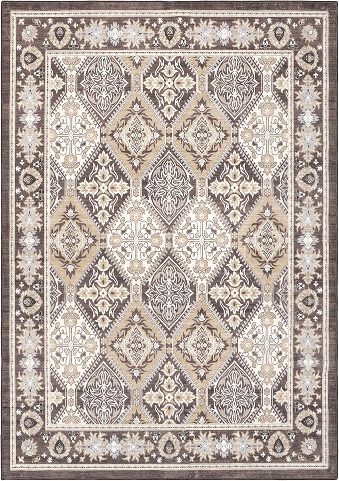 Area Rug for Living Room - Vintage Indoor Machine Washable Rug for Bedroom Dinning Room Floor - Soft Low-Pile Carpet Non-Slip Backing Floral Rugs for Office (Reddish Brown, 8' × 10')