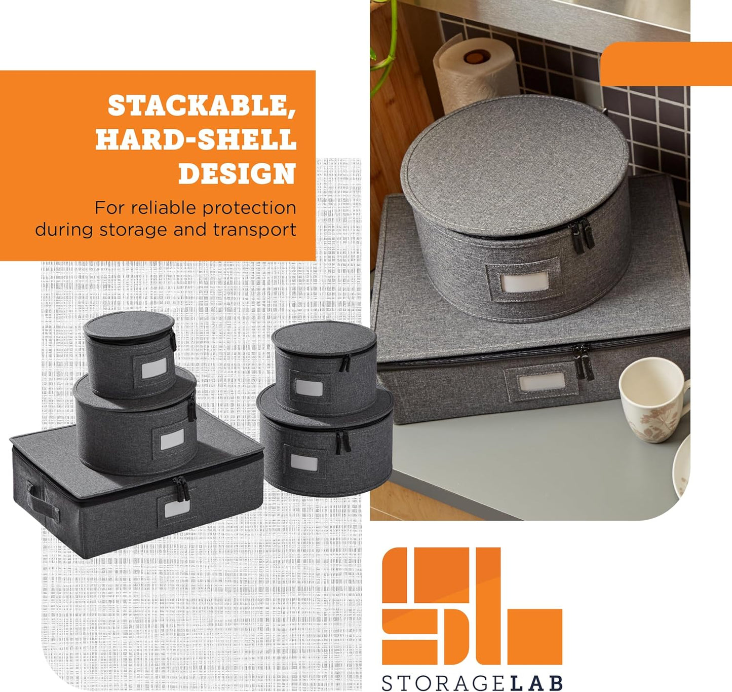 storageLAB China Storage Containers, Hard Shell Case with Felt Dividers for Charger Plates, and Dishes, Ideal for Kitchen Organization, Moving Supplies, and Fine China Storage - 5-Piece Set, Gray