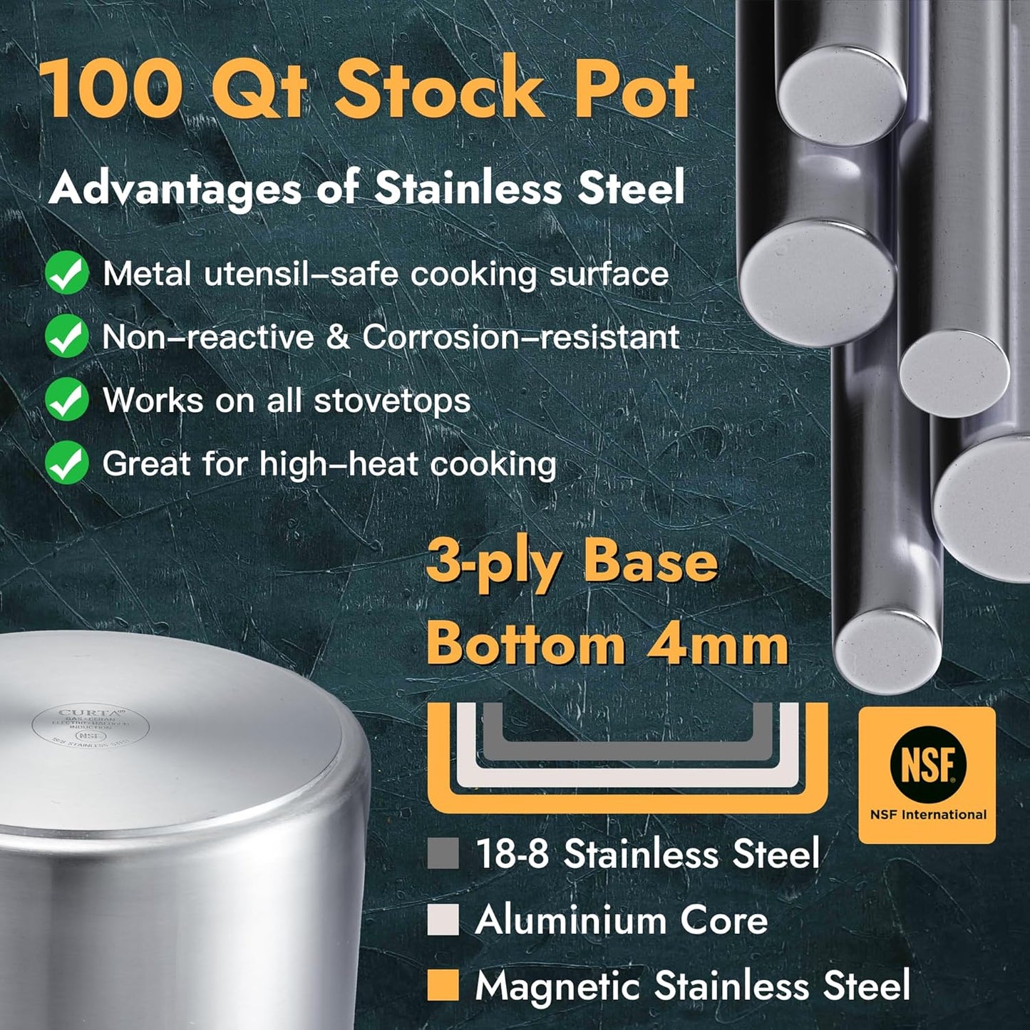 CURTA 100 Quart Large Stock Pot with Lid, NSF Listed, 3-Ply Clad Base, 18/8 Stainless Steel Cooking Pot, Commercial Cookware, Induction Ready, 19.7"D x 20.6"W x 19.7"H