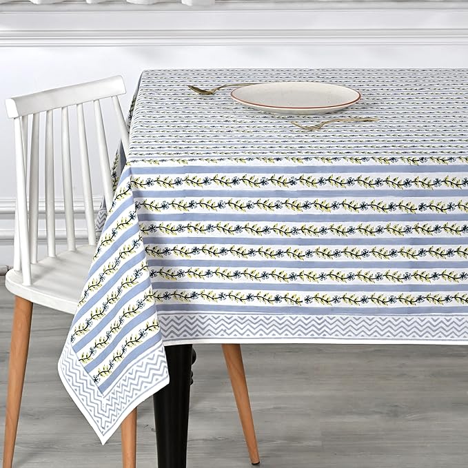Ridhi Dolphin Grey Hand Block Print Cotton Rectangle Tablecloth 60 x 60 inch-Reusable Table Cover Decorative Everyday Use for Dining Room, Farmhouse, Thanksgiving, Christmas Wedding, Fall