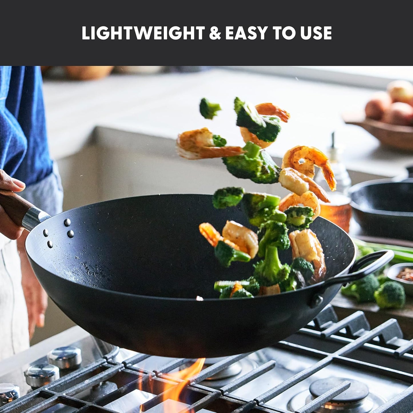 GreenPan Carbon Steel Wok 12”, Flat Bottom, Durable Stir-Fry Pan, Pre-Seasoned Nonstick Patina, High Heat Retention, Induction, Ash Wood Handle, Kyoto, Black