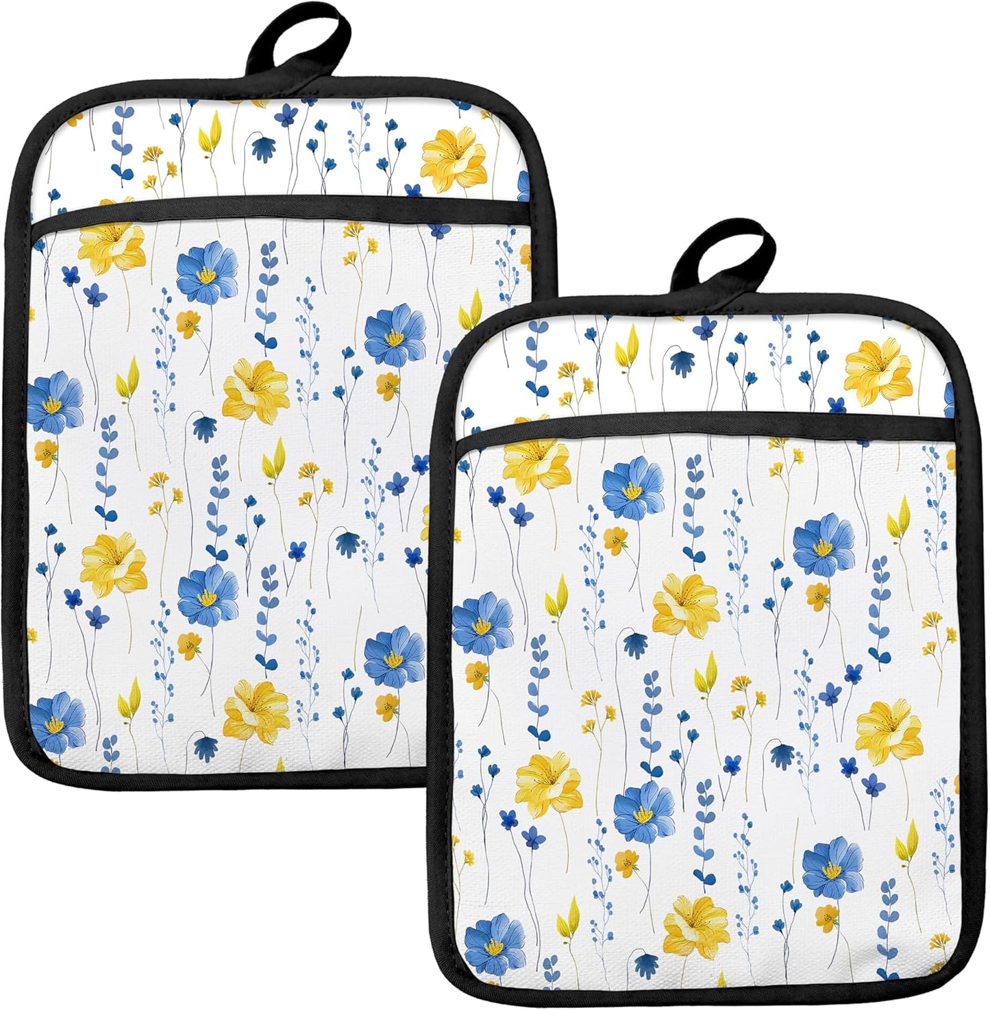 Blue and Yellow Floral Oven Mitts Set, Blue Flower Floral Heat Resistant Kitchen Oven Gloves for Baking and Cooking,Pot Holders