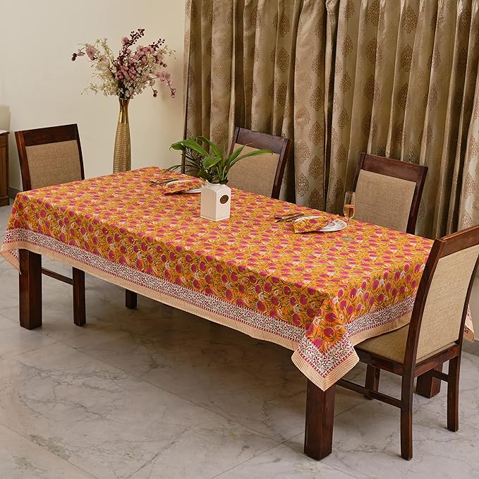 Ridhi -Bubblegum Pink Cotton Tablecloth, Handblock Print Floral Table Cloth for Kitchen Dining Linen I Thanksgiving, Christmas, Wedding, Fall Décor 16 Seater 72X190 Inches Rectangle
