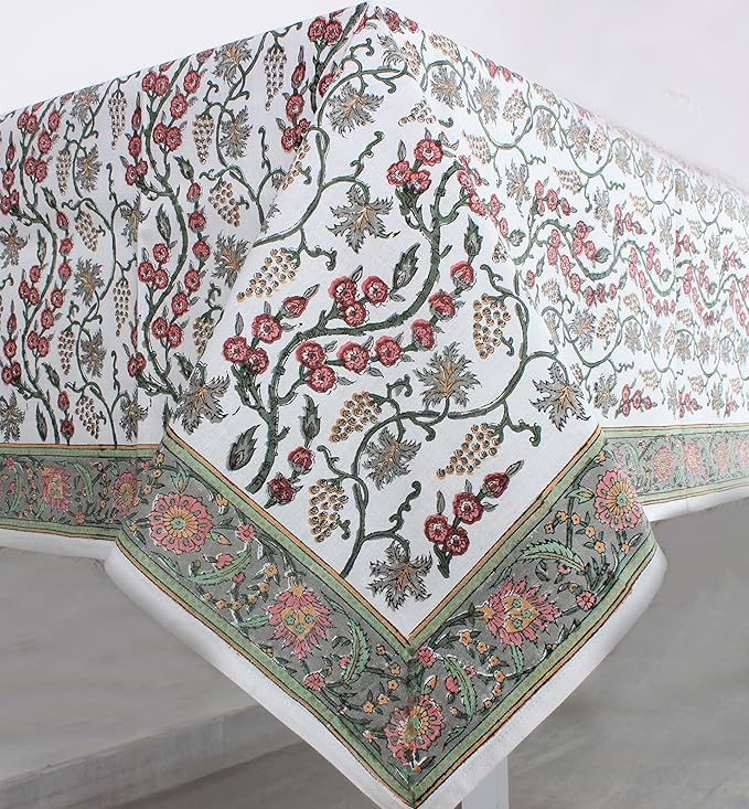 Ridhi Coral Pink Trails Hand Block Print Cotton Rectangle Tablecloth 160 x 72 inch-Reusable Table Cover Decorative Everyday Use for Dining Room, Farmhouse, Thanksgiving, Christmas Wedding, Fall