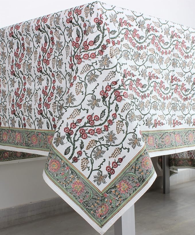 Ridhi Coral Pink Trails Hand Block Print Cotton Rectangle Tablecloth 160 x 72 inch-Reusable Table Cover Decorative Everyday Use for Dining Room, Farmhouse, Thanksgiving, Christmas Wedding, Fall