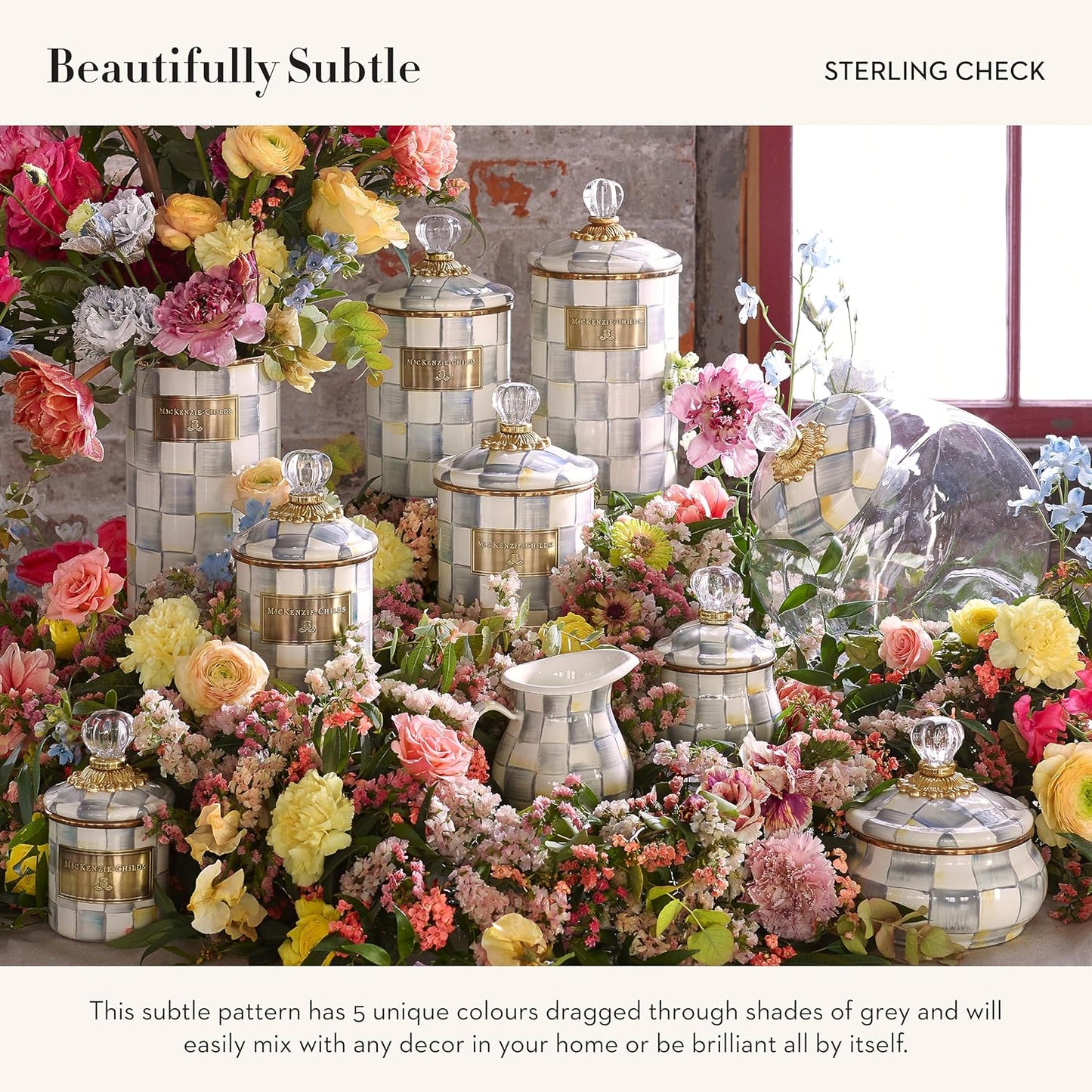 MACKENZIE-CHILDS Enamel Utensil Holder, Kitchen Utensil Holder for Countertop, Storage Caddy, Gray-and-White Sterling Check