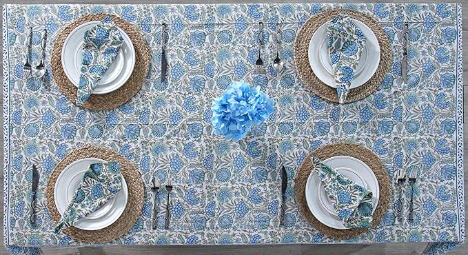 Ridhi Asparagus Green Hand Block Print Cotton Rectangle Tablecloth 140 x 72 inch-Reusable Table Cover Decorative Everyday Use for Dining Room, Farmhouse, Thanksgiving, Christmas Wedding, Fall