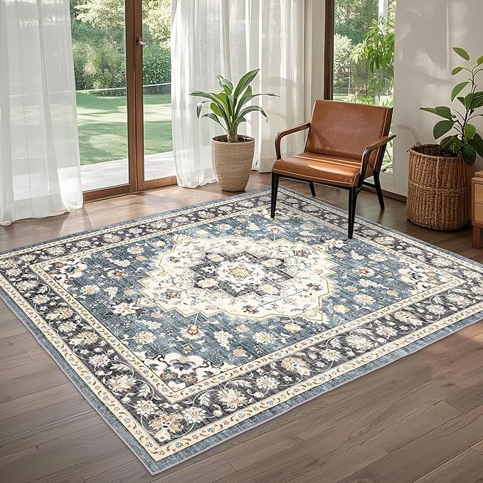 Area Rug for Living Room - Vintage Indoor Machine Washable Rug for Bedroom Dinning Room Floor - Soft Low-Pile Carpet Non-Slip Backing Floral Rugs for Office (Blue/Ivory, 5' × 7')