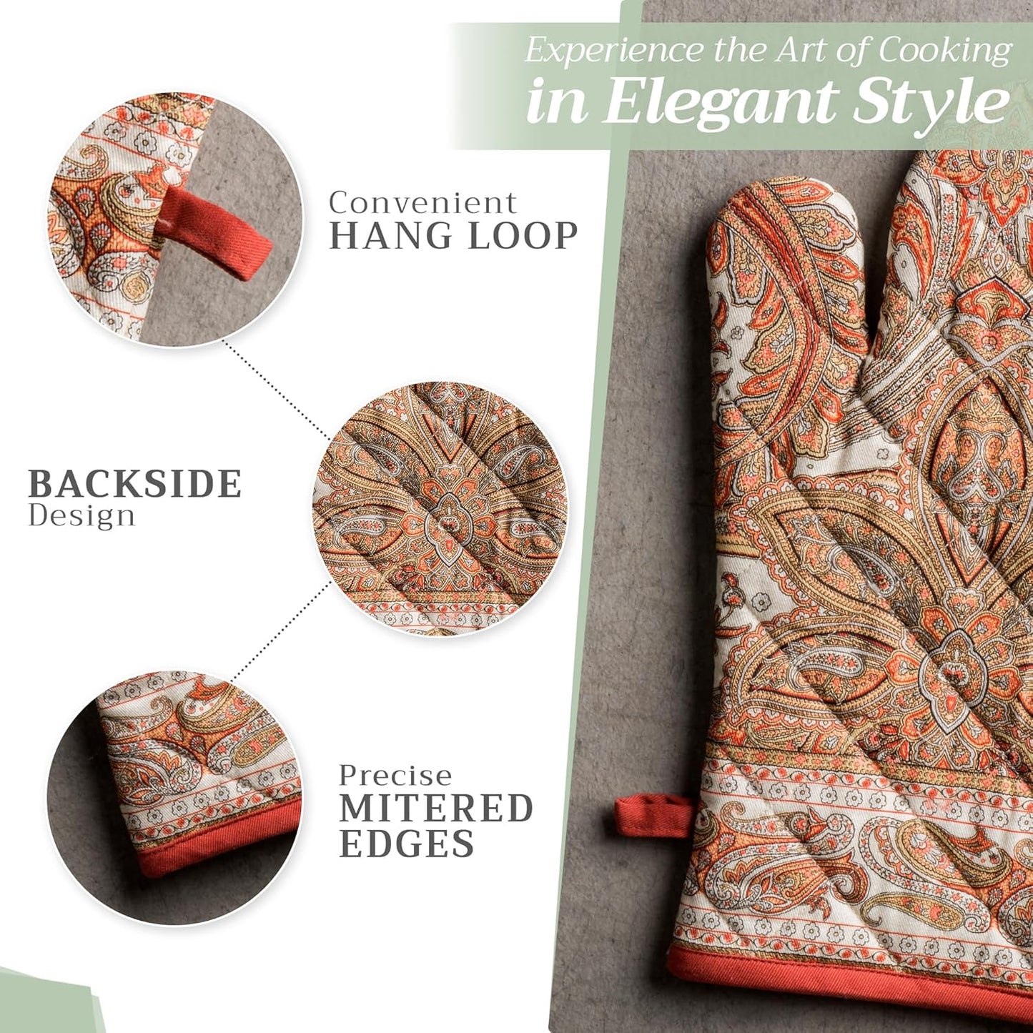 Maison d' Hermine 100% Cotton Oven Mitt & Pot Holder Set (7.5"x13" & 8"x8") Heat Resistant BBQ Cooking Gloves with Loop, Baking, Grilling, Kitchen, Handling Hot Pans (Kashmir Paisley)