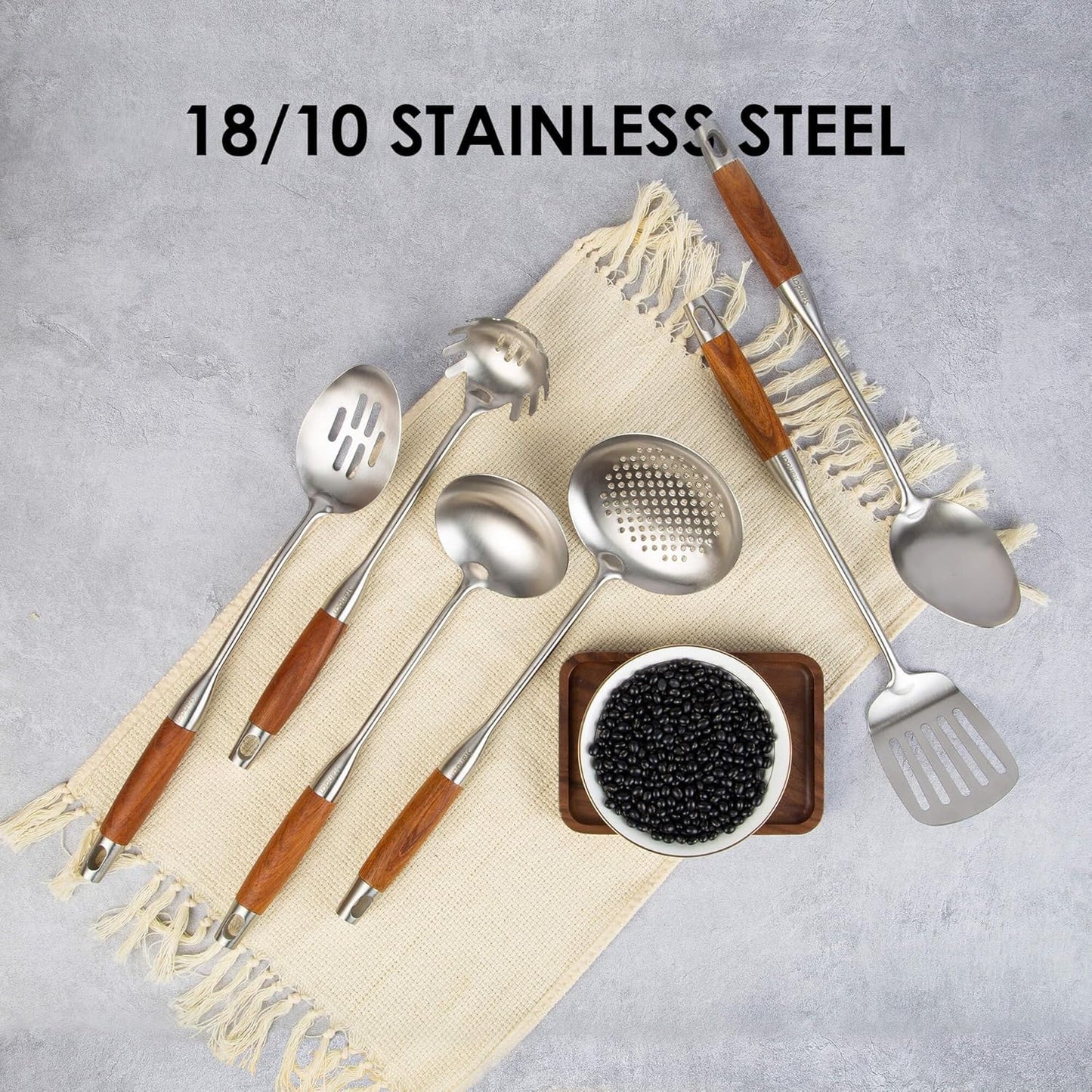 18/10 Stainless Steel Kitchen Utensils Set with Wood Handle - 15” Long Metal Cooking Tools - Serving Solid/Slotted Spoon, Tunner, Skimmer, Soup Ladle, Spaghetti Spoon, Large Spoons Set of 6