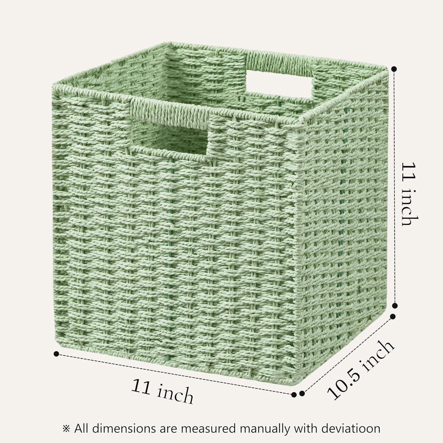 UBBCARE 3 Pack Wicker Basket, 11L×11H×10.5W inch Woven Paper Rope Storage Baskets for shelves, Foldable Cube Storage bin with Handle, Storage Basket for Organizing & Decor, Green