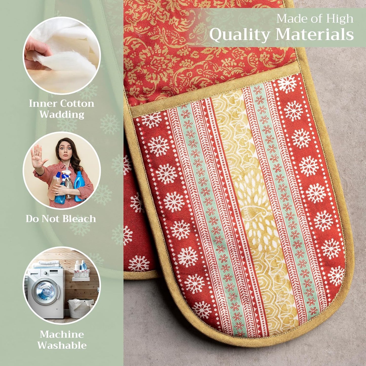 Maison d' Hermine Double Oven Mitts 100% Cotton 7"x35" Double Oven Mitt Heat Resistant BBQ Cooking Gloves with Loop, Baking, Grilling, Home, Kitchen, Handling Hot Pans (Sofia)