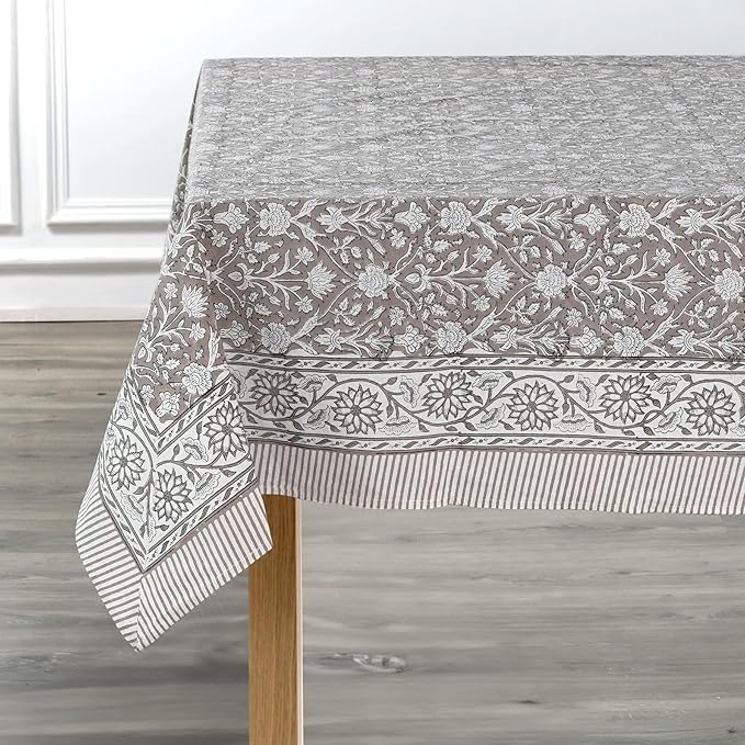 Ridhi Taupe Hand Block Print Cotton Rectangle Tablecloth 190 x 72 inches Reusable Table Cover Decorative Everyday Use for Dining Room, Farmhouse, Home, Party, Festive & Wedding, Fall