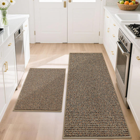 BEQHAUSE Kitchen Rugs and Mats 2PCS, Non-Slip Kitchen Mats for Floor, Absorbent and Stain Resistant Kitchen Runner, Machine Washable Rugs for Kitchen, Laundry & Sink, 20"x32"+20"x48", Taupe