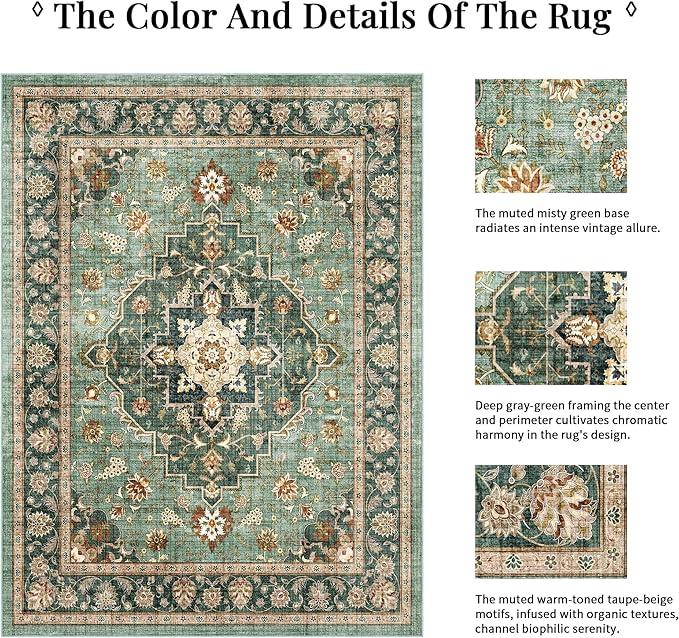 Area Rug for Living Room - Vintage Indoor Machine Washable Rug for Bedroom Dinning Room Floor - Soft Low-Pile Carpet Non-Slip Backing Floral Rugs for Office (Forest Green, 9' × 12')
